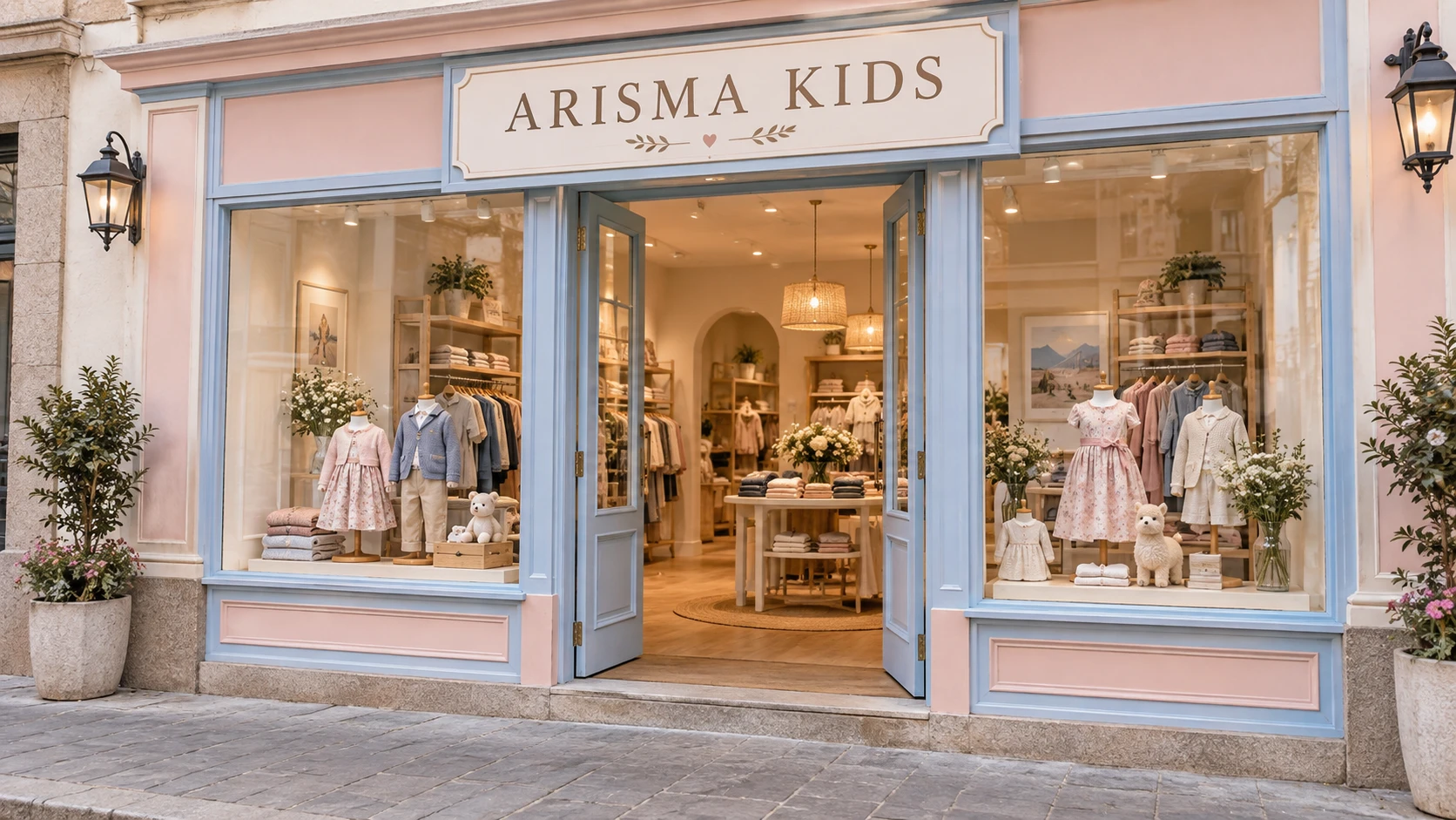 Fachada conceptual de Arisma Kids en tonos rosa y celeste