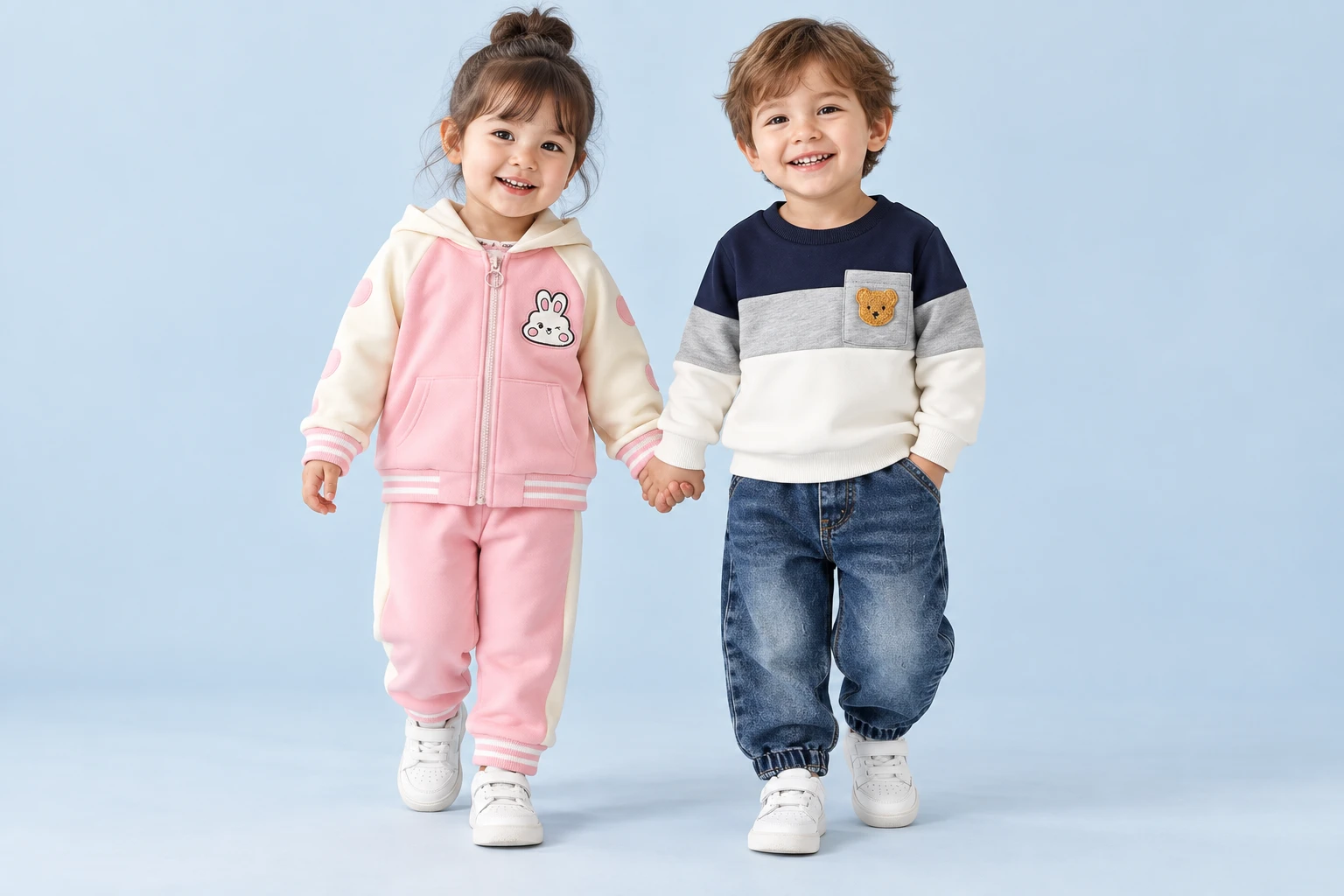 Dos modelos infantiles muestran el conjunto Conejita rosa y el conjunto Osito Tricolor con jean